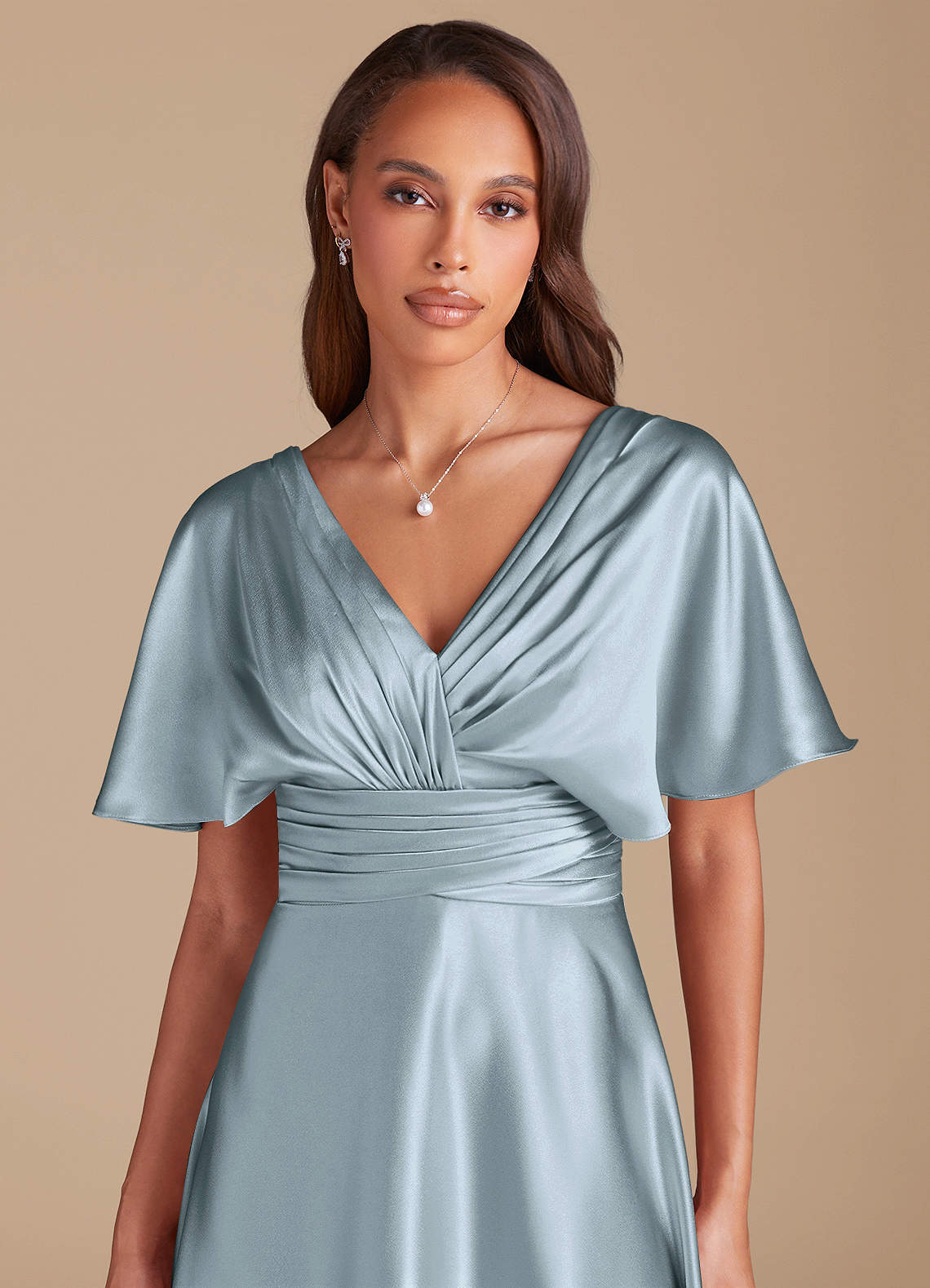 Azazie Pamela Bridesmaid Dresses Dusty Blue A-Line Pleated Metallic Satin Dress image1