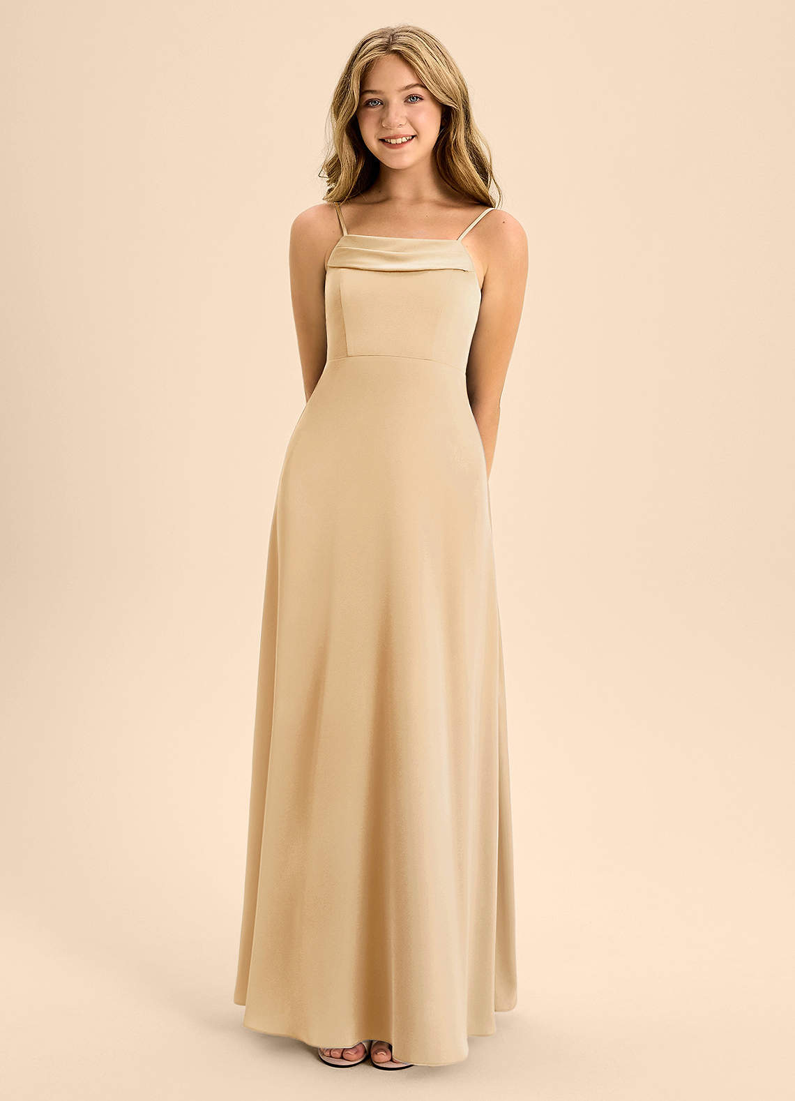 Azazie Anselie Junior Gold A-Line Off the Shoulder Stretch Satin Dress image3