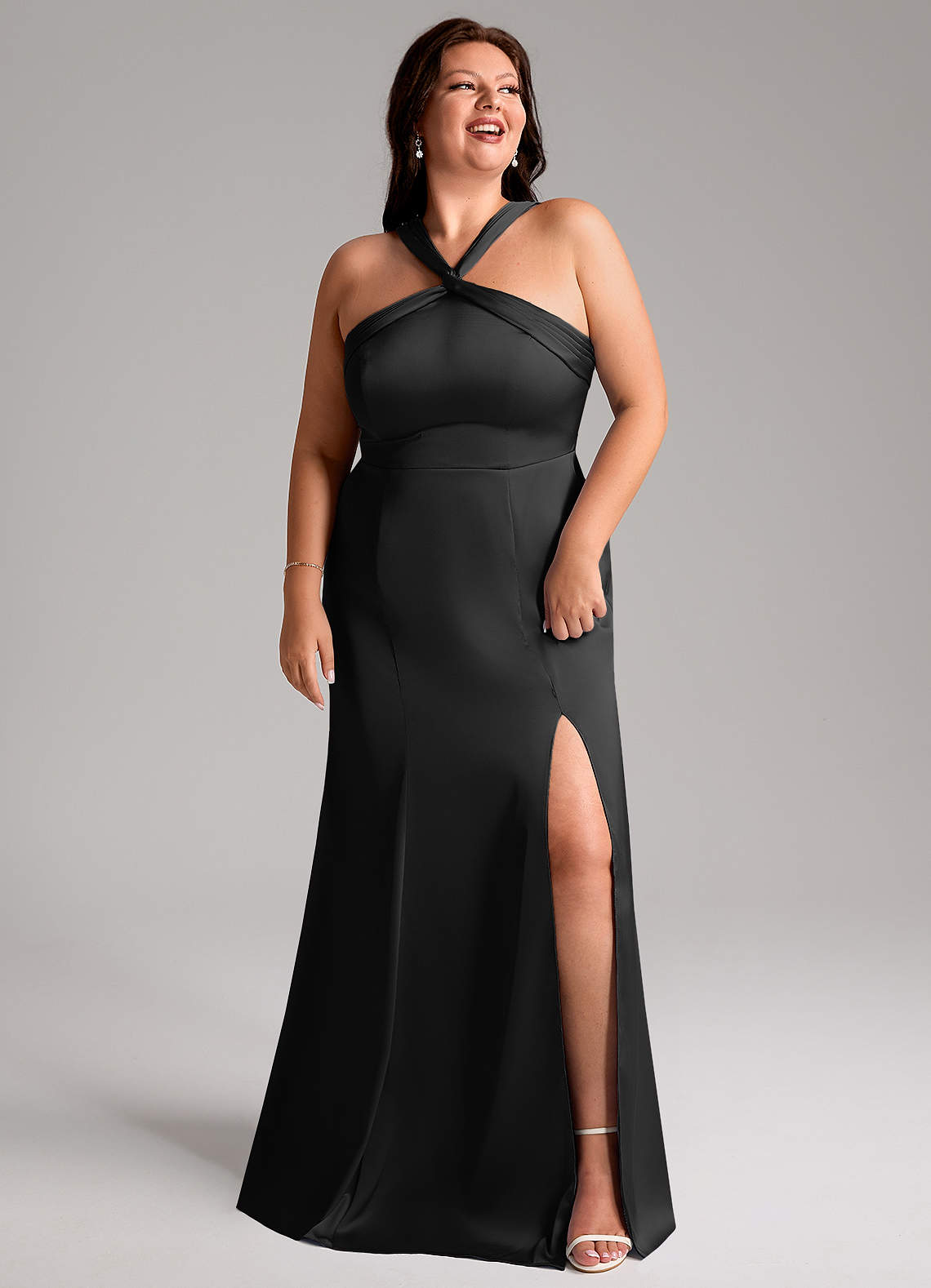 Azazie Rue At-home Try On Dresses Black A-Line Pleated Stretch Satin Dress image9