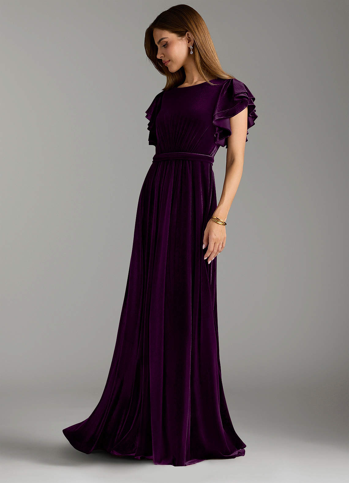 Azazie Daphne Modest Bridesmaid Dresses A-Line Velvet Floor-Length Dress with Belt image3