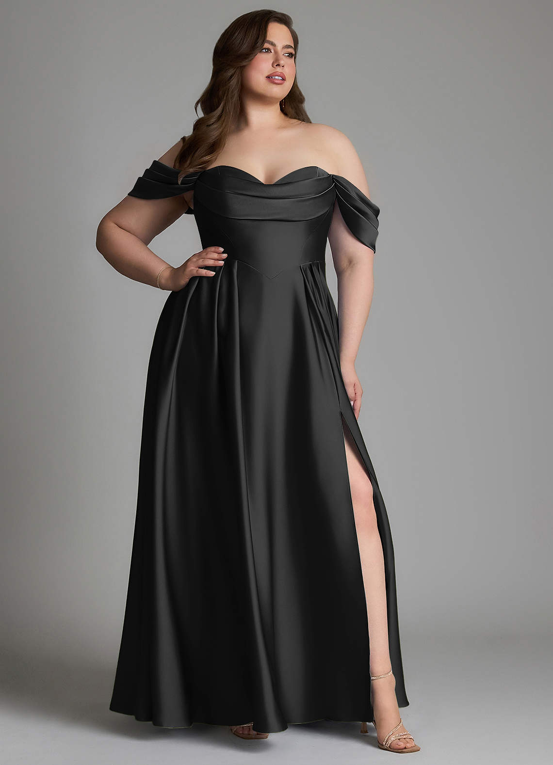 Azazie Loisa Bridesmaid Dresses Black A-Line Off the Shoulder Stretch Satin Dress image12