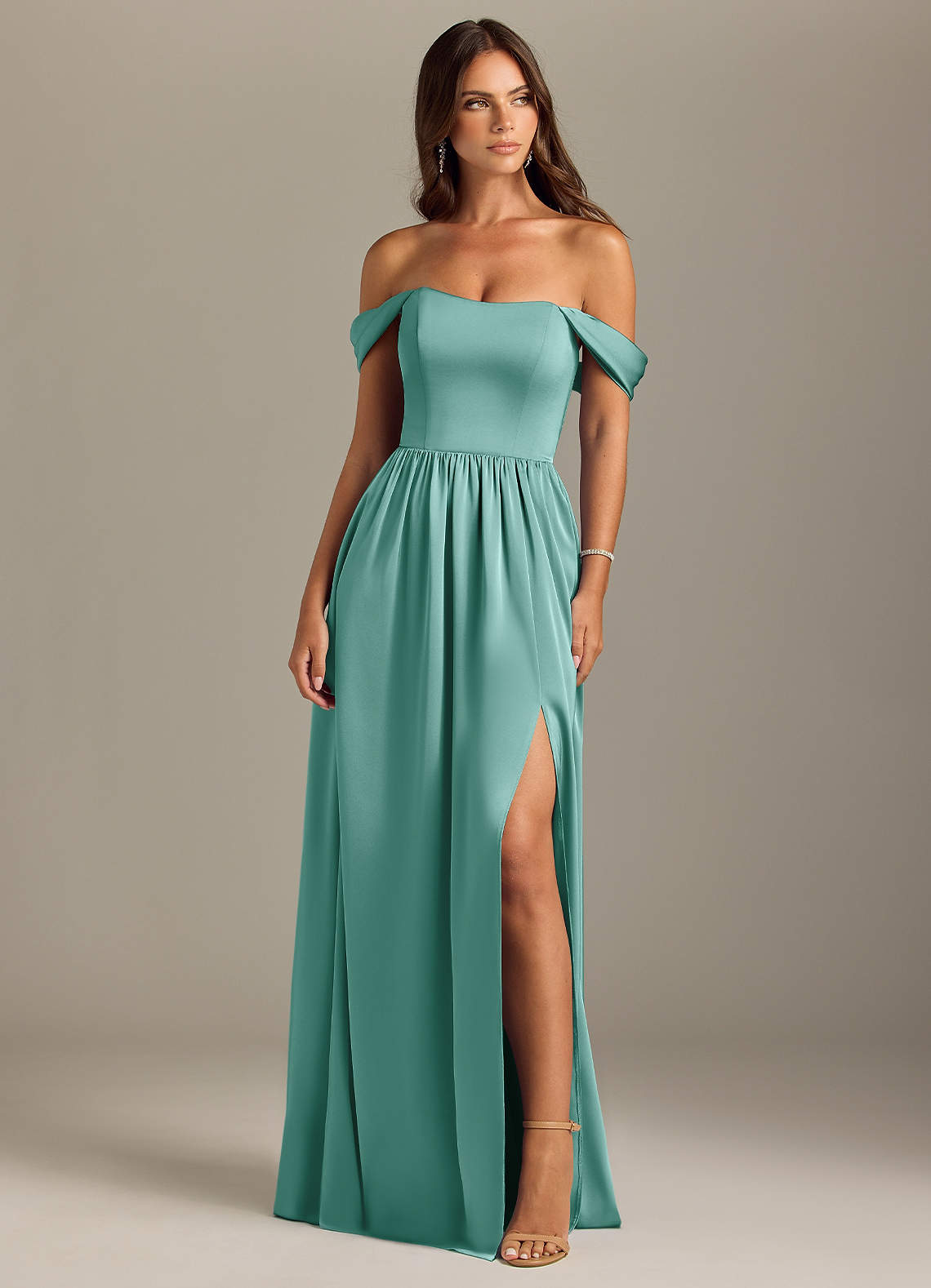 Azazie Calianna Bridesmaid Dresses Aqua A-Line Off the Shoulder Stretch Satin Convertible Dress image1
