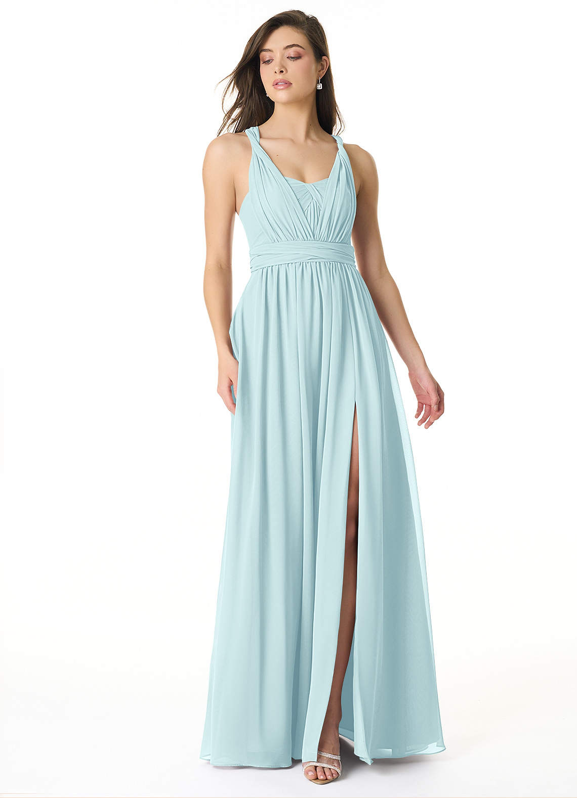 Azazie Olani Bridesmaid Dresses Sea Glass A-Line Off the Shoulder Chiffon Convertible Dress image1