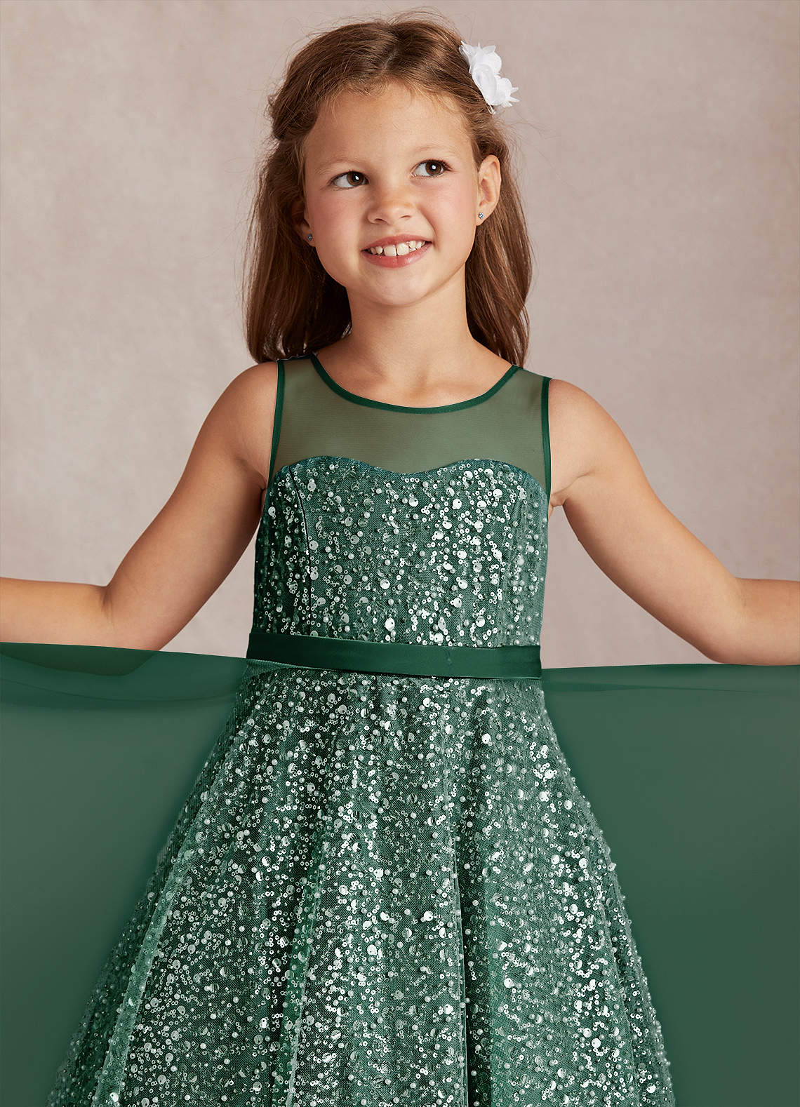 Azazie Siwa Flower Girl Dresses Dark Green A-Line Beaded Tulle Dress image1