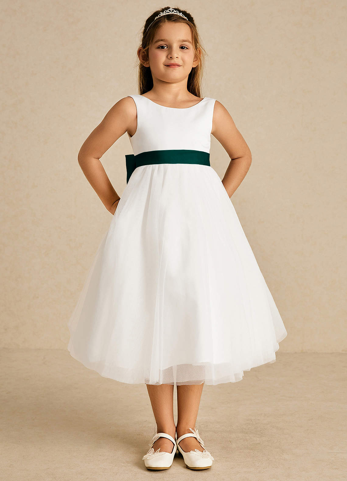 Azazie Kavi Flower Girl Dresses Ivory Pine A-Line Bow Matte Satin Dress image1