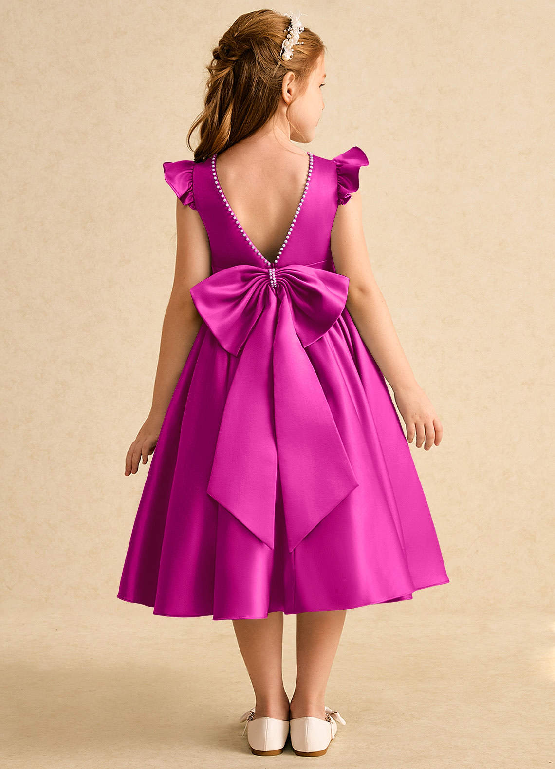 Azazie Dumpling Robe Demoiselle D'honneur Fillette Robe Trapèze en Mat Satiné Arc Fuchsia image1