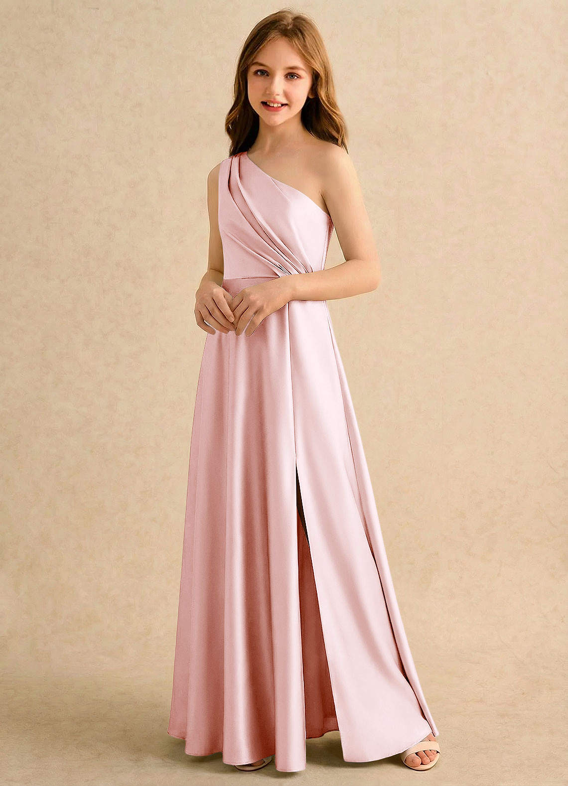 Azazie Puddles Girls Formal Flower Girl Klänningar Klä A-Line i Stretch Satin Ena axeln image3