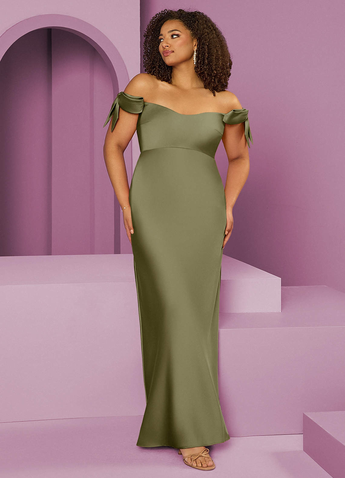 Barbie ♥ Azazie Final Sale Agave Sheath Off the Shoulder Stretch Satin Convertible Dress image1