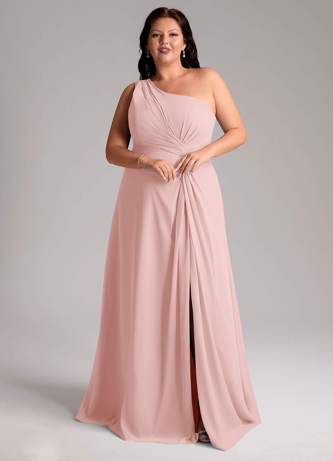 Azazie Brooke Bridesmaid Dresses Powder Pink A-Line One Shoulder Chiffon Dress image9