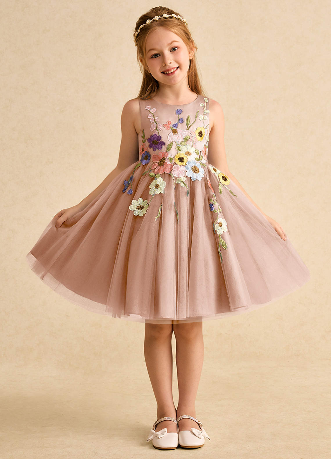 Azazie Prima Flower Girl Dresses Champagne Rose A-Line Bow Tulle Dress image1
