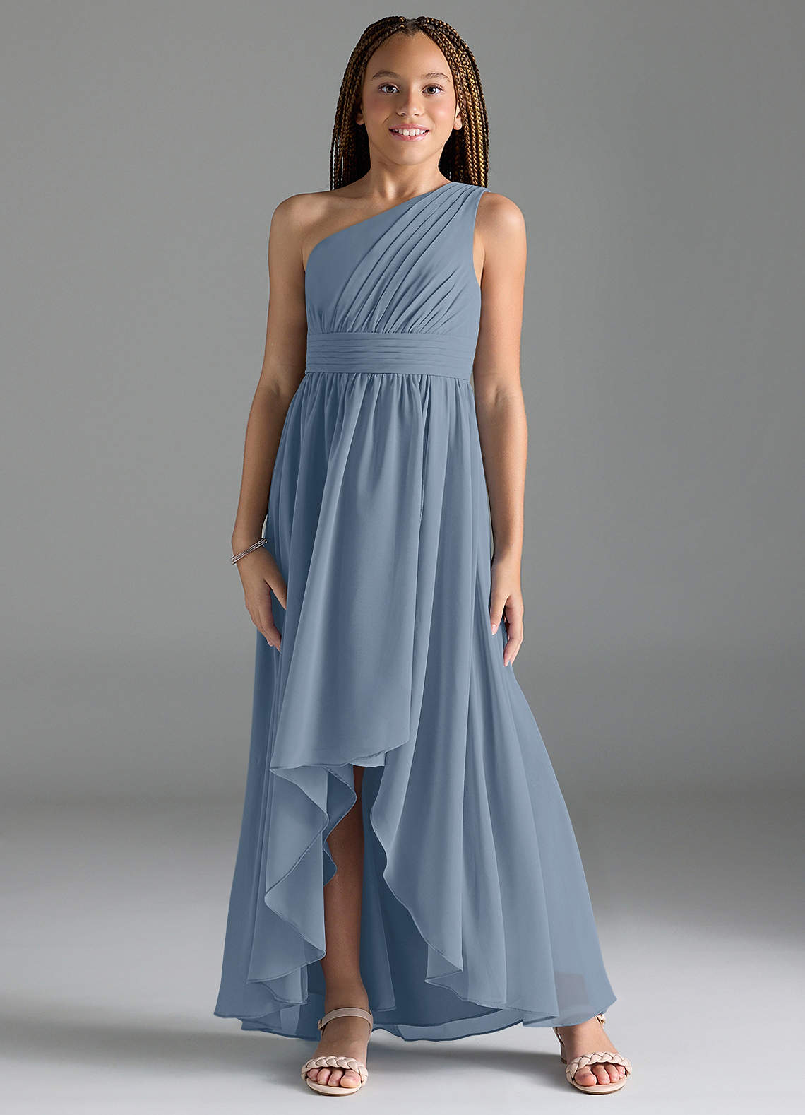 Azazie Mathilda Junior Dusty Blue A-Line Pleated Chiffon Dress image1
