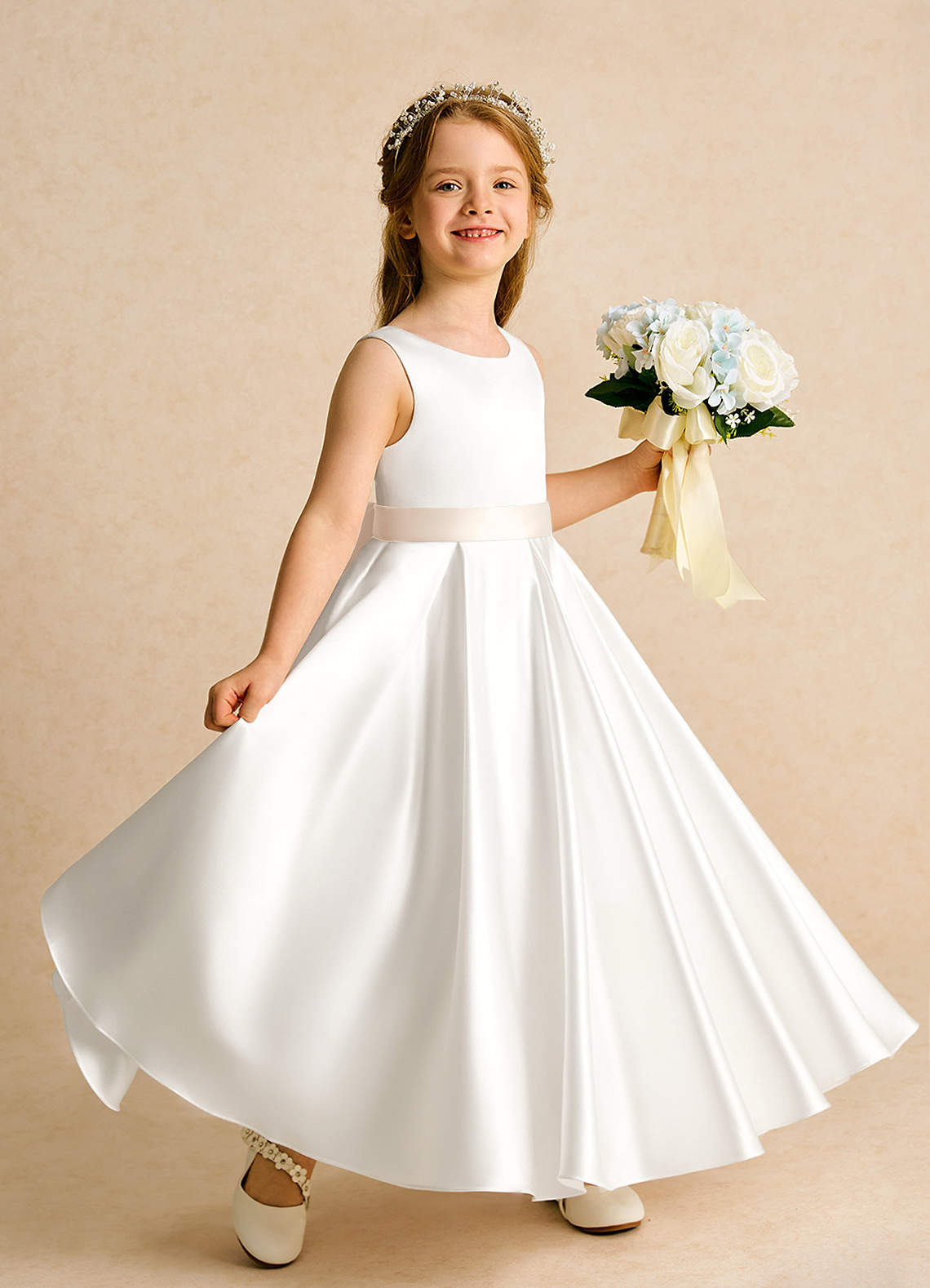 Azazie Ball-Gown Scoop Neck Ankle-Length Matte Satin Flower Girl Dresses - Ivory/White Alabaster