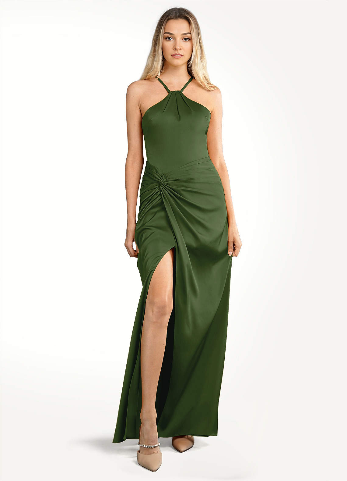 Abby Olive Green Halter Maxi Dress | Azazie