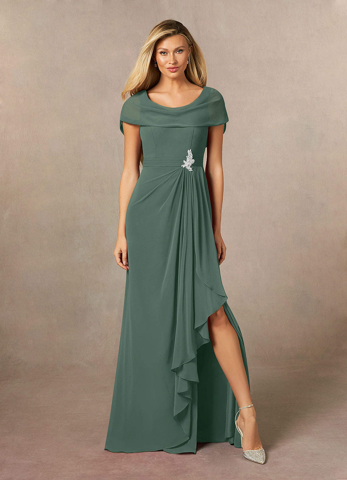 Azazie Mary Mother of the Bride Dresses Sea Moss A-Line Side Slit Chiffon Dress image1