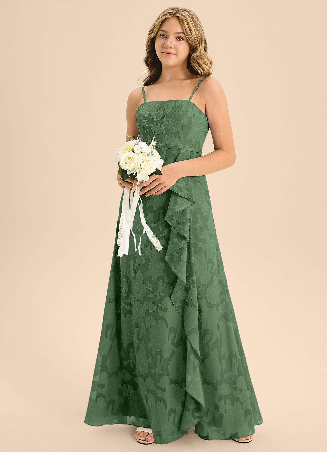 Azazie Kaylee Junior Eucalyptus A-Line with Belt Floral Burnout Dress image1