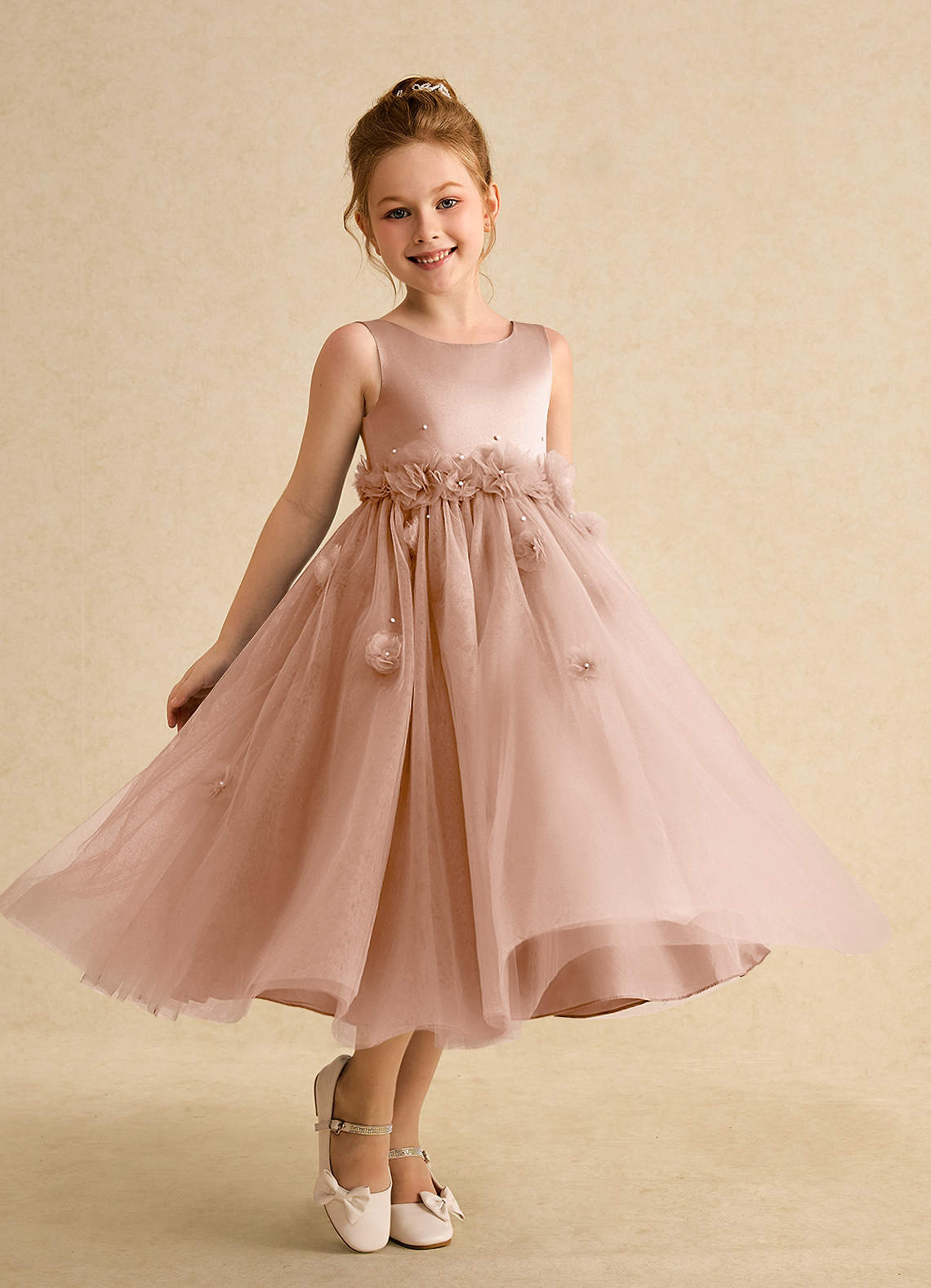 Azazie Lux Flower Girl Dresses Champagne Rose A-Line Beaded Tulle Dress image1