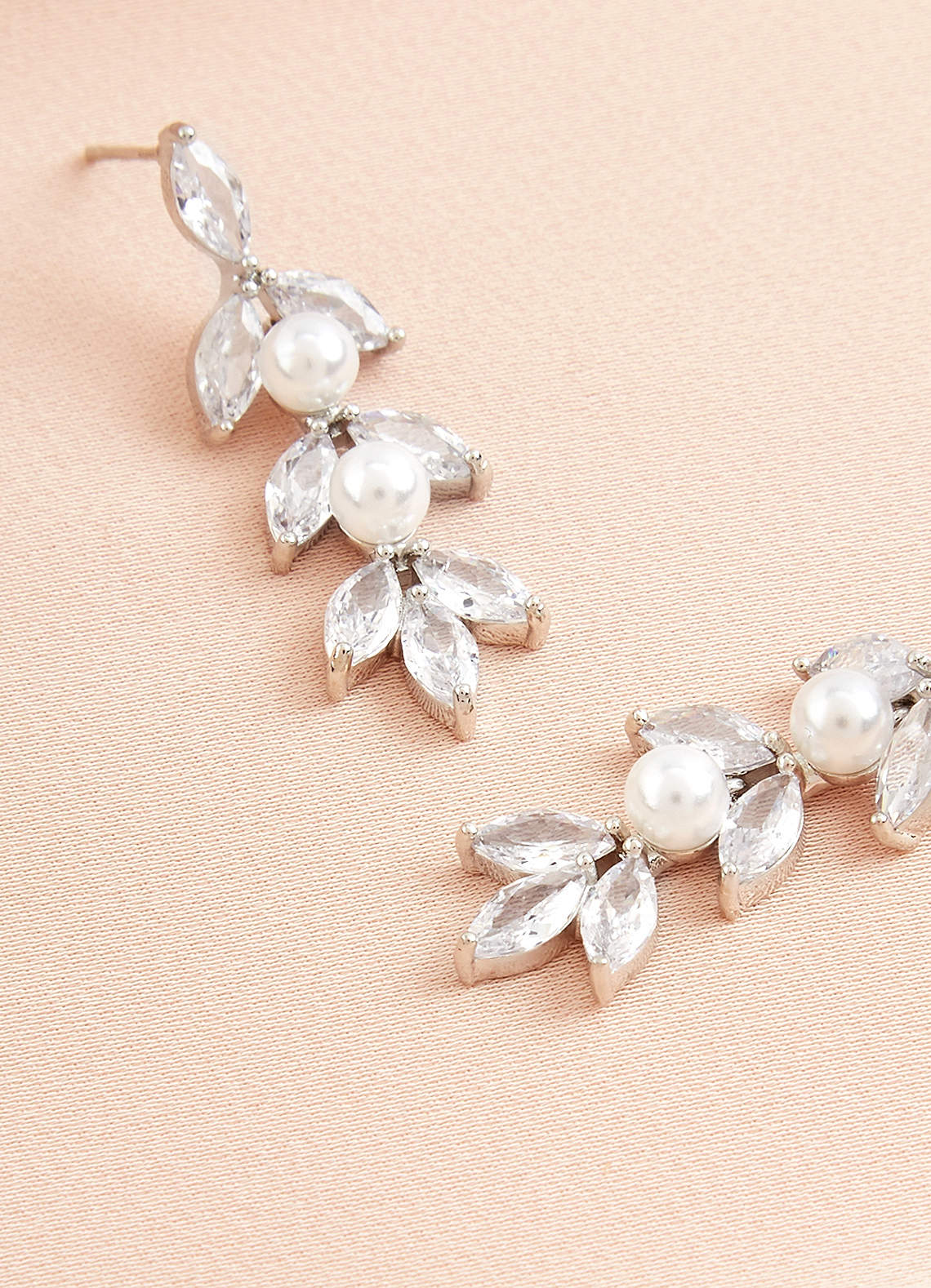 front Rhinestone Leaves and Pearls Drop Earrings