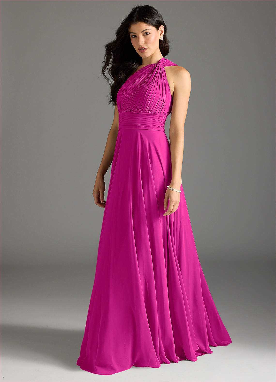 Azazie Charlize Vestidos de damas de honor Vestido de Fucsia de Gasa de Corte en A con Hombro unilateral image3