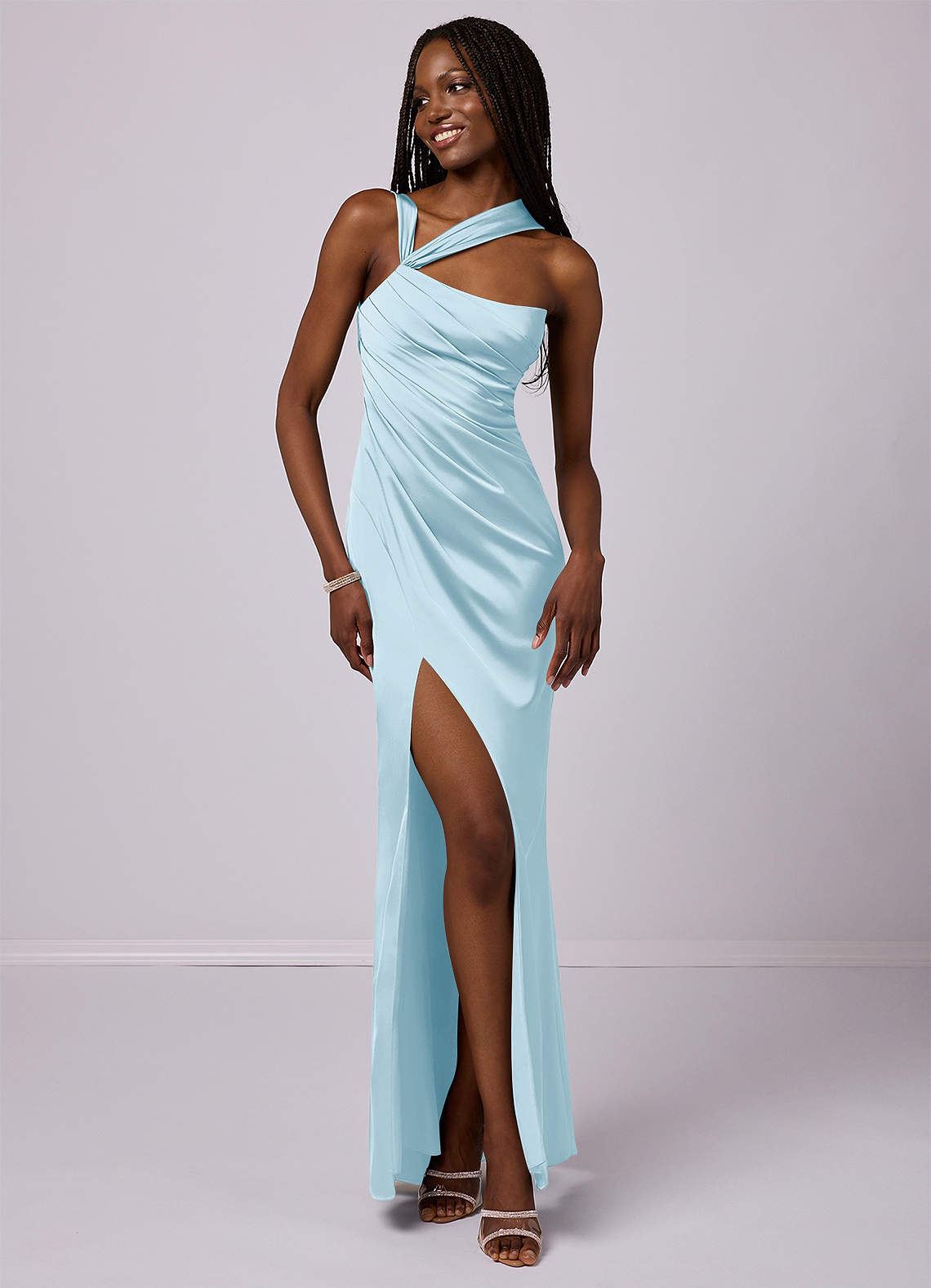 Barbie ♥ Azazie Bridesmaid Dresses Sky Blue Mermaid One Shoulder Stretch Satin Dress image2