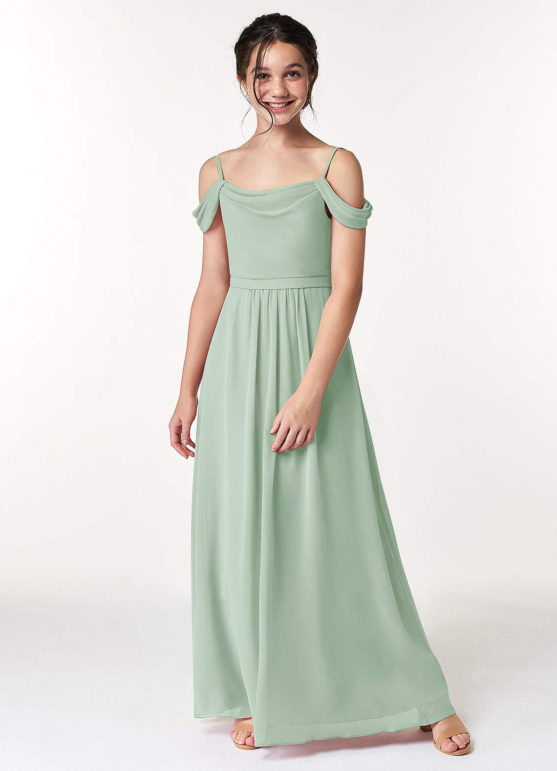 Azazie Alivia Junior Agave A-Line Off the Shoulder Chiffon Dress image1