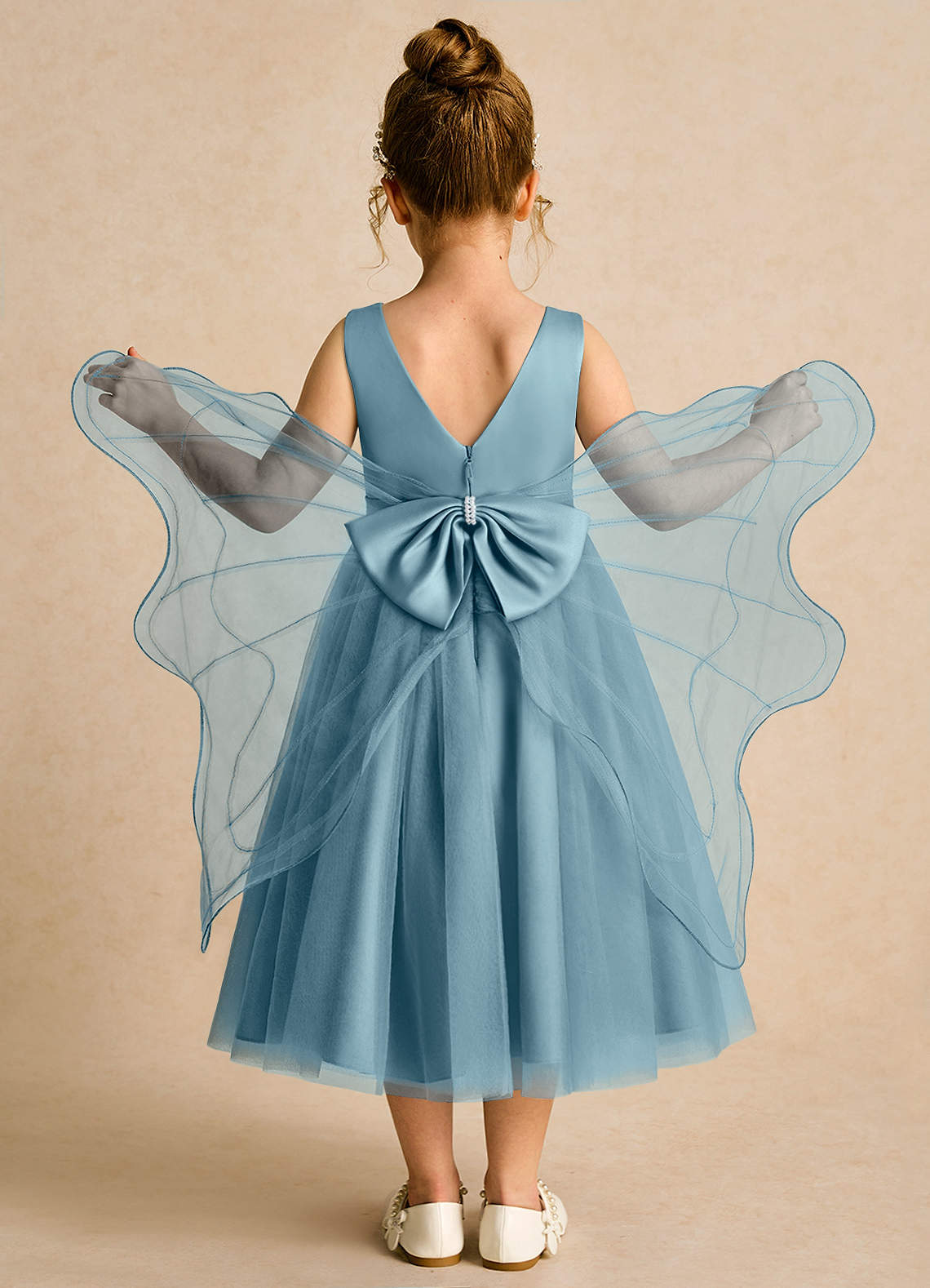 Azazie Pear Robe Demoiselle D'honneur Fillette Robe Princesse en Tulle Arc Bleu Maussade image1