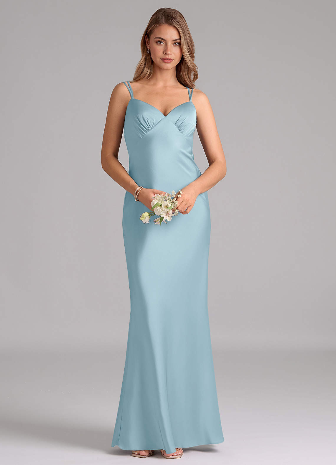 Azazie Suttona Vestidos de damas de honor Vestido de Azul Malhumorado de Satén Elástico de Corte en A con Plisado image5