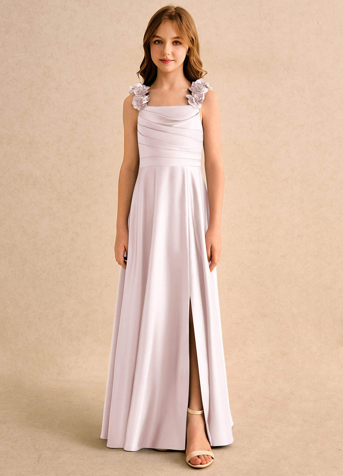 Azazie Rosita Girls Formal Flower Girl Dresses Blushing Pink A-Line Pleated Matte Satin Dress image2