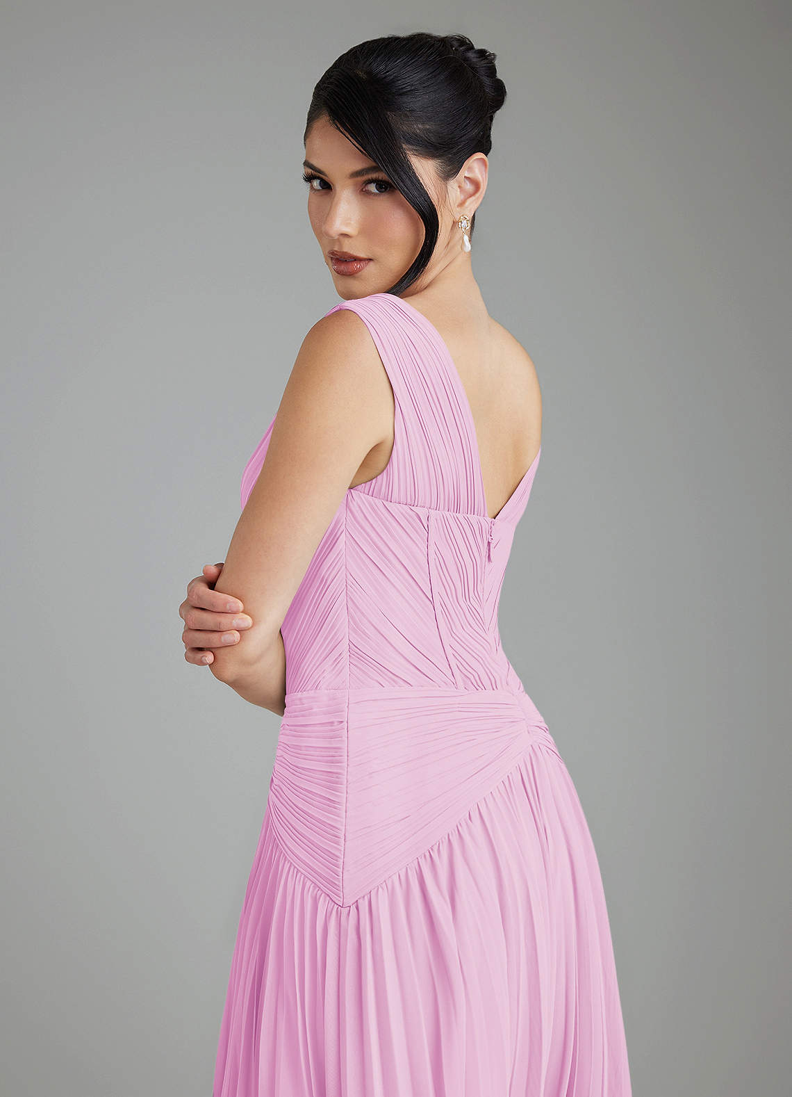 pink drop waist bridesmaid dress Drop Waist Mikado Gown with Flower Detail