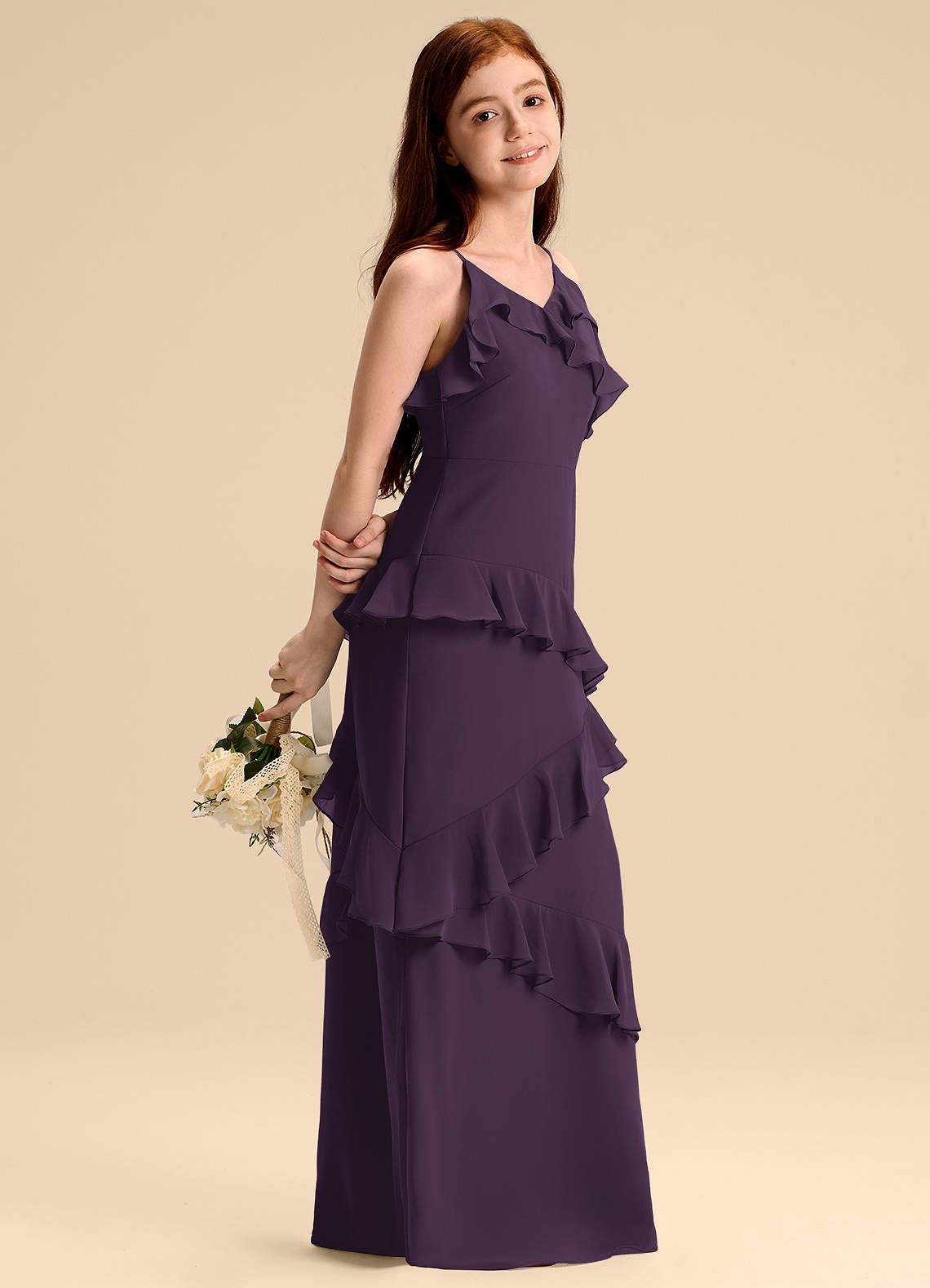 Azazie Evara Junior Plum A-Line Chiffon Dress image1