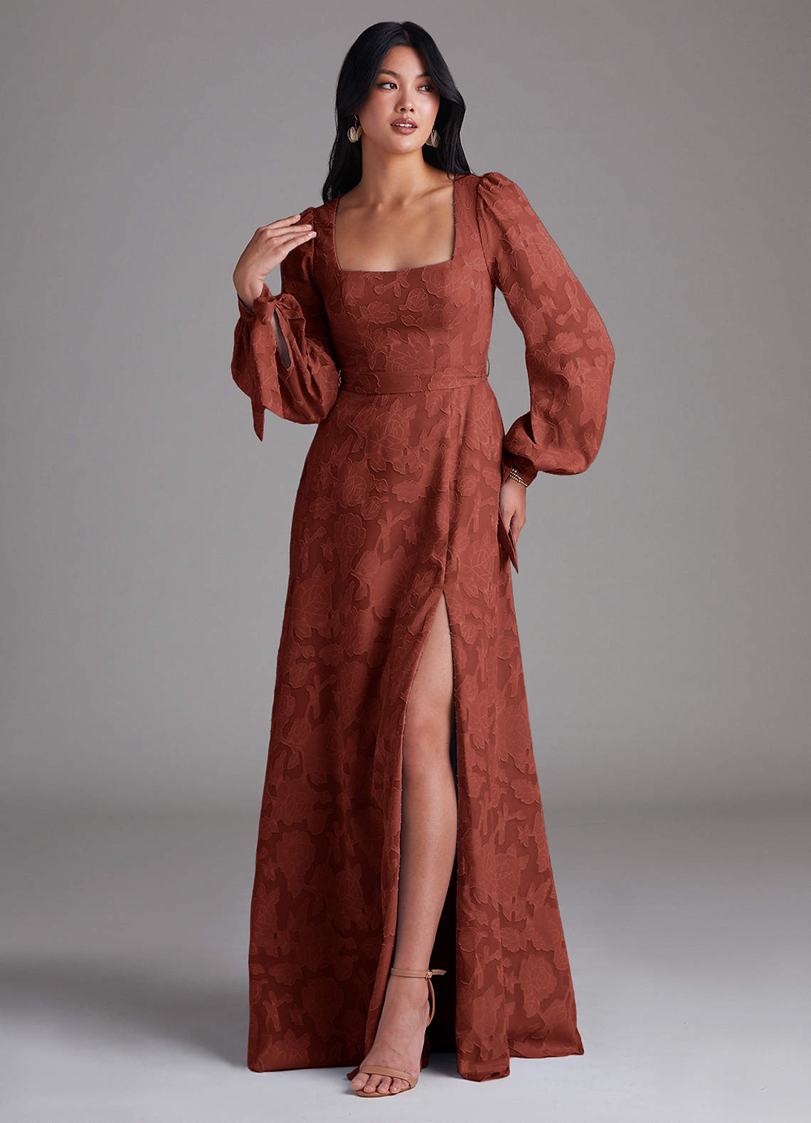 Azazie Leonia At-home Try On Dresses Terracotta A-Line Long Sleeve Floral Burnout Dress image3