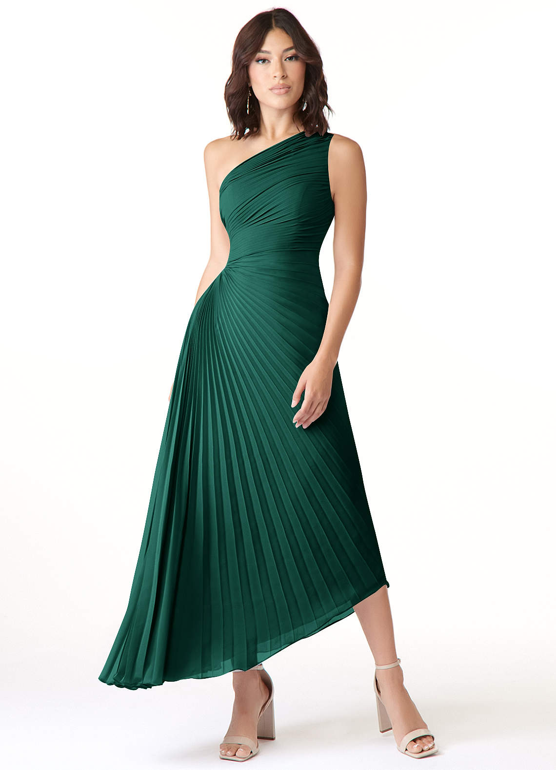 Azazie Kirra Robes de demoiselle d'honneur Robe Trapèze en Mousseline de soie Ue épaule émeraude image1