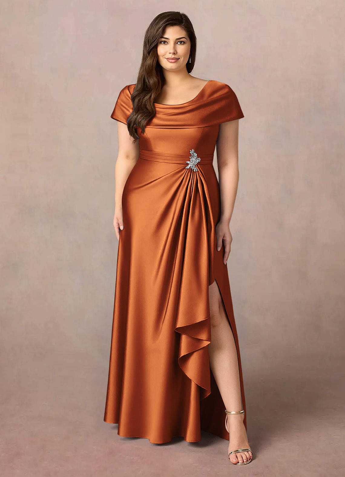 Azazie Branford Mother of the Bride Dresses Cinnamon A-Line Pleated Stretch Satin Dress image1