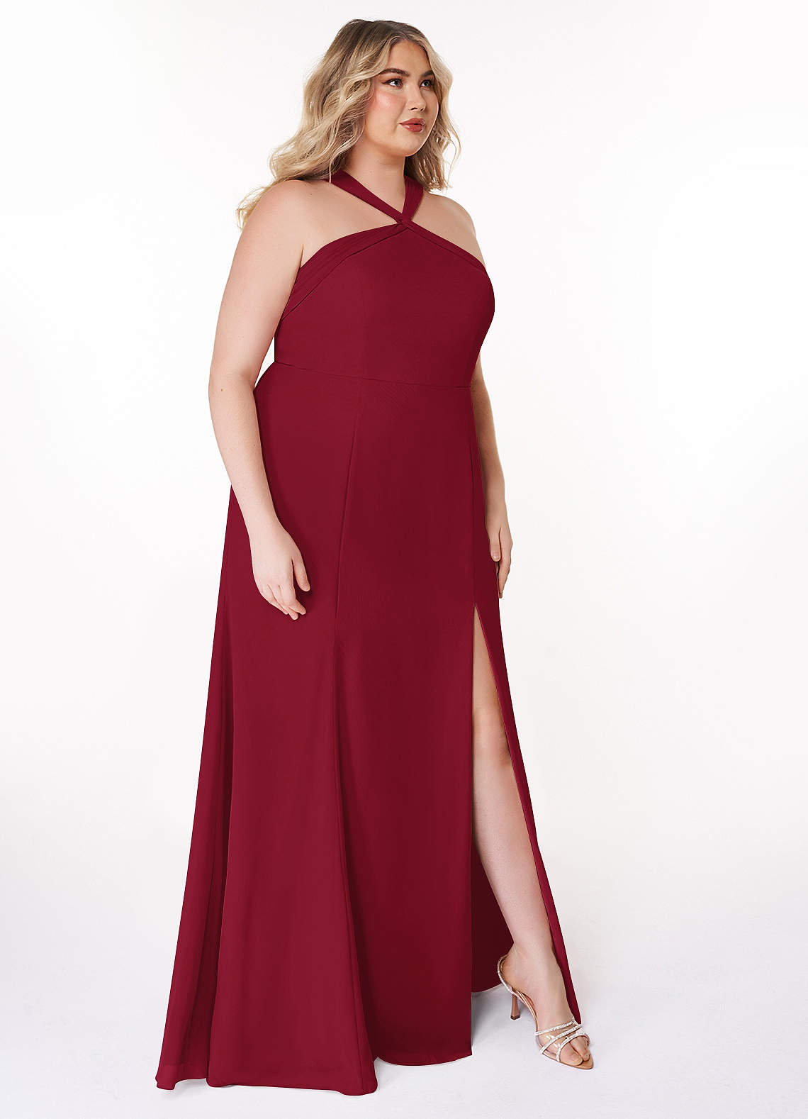 Azazie Rue Vestidos de damas de honor Vestido de Borgoña de Gasa de Corte en A con Halter image10