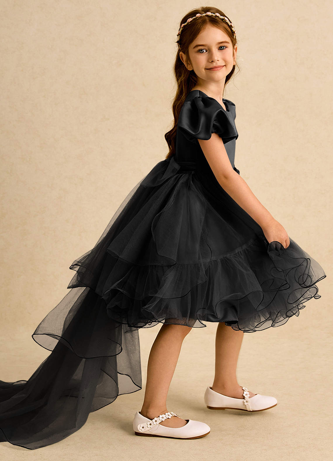 Azazie Cocoa Abiti da Ragazza di Fiori Abito Principessa in Tulle Plissettato Nero image1