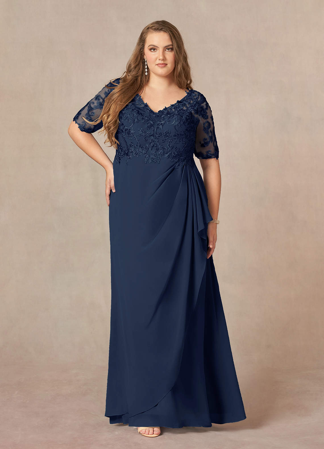Azazie Amedeus Mother of the Bride Dresses Dark Navy A-Line V-Neck Lace Chiffon Dress image1