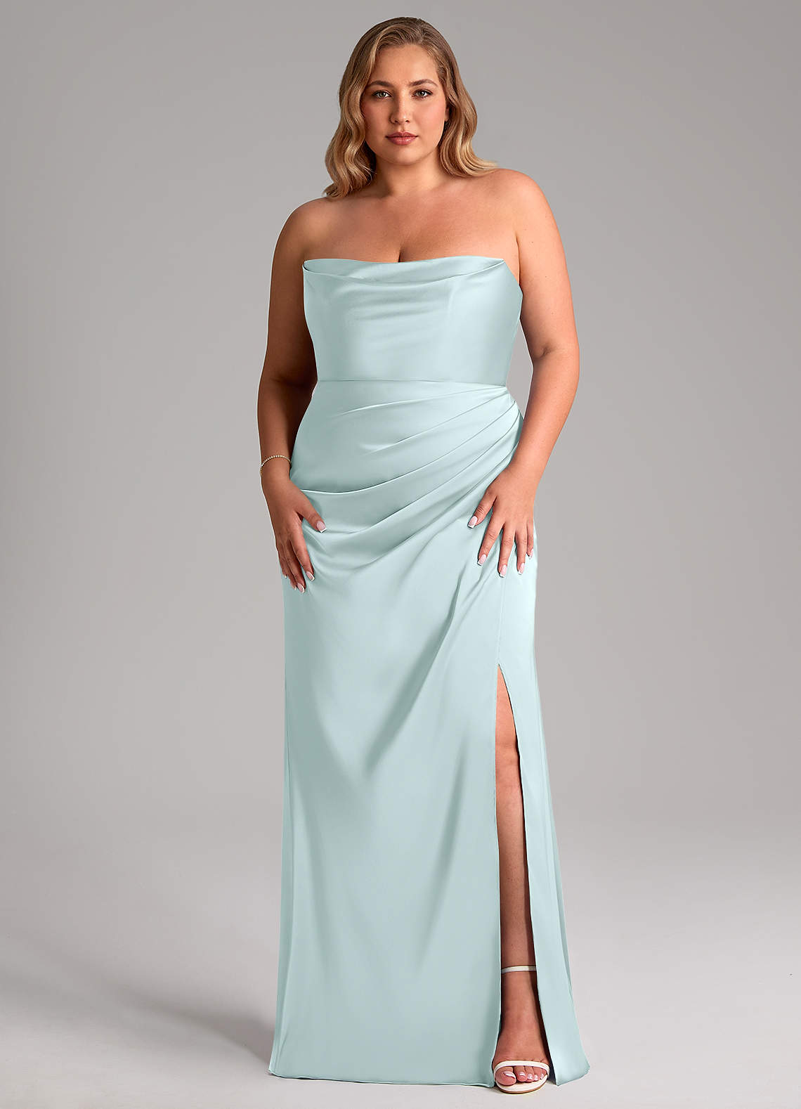 Azazie Leonis Bridesmaid Dresses Sea Glass Mermaid Pleated Stretch Satin Convertible Dress image1