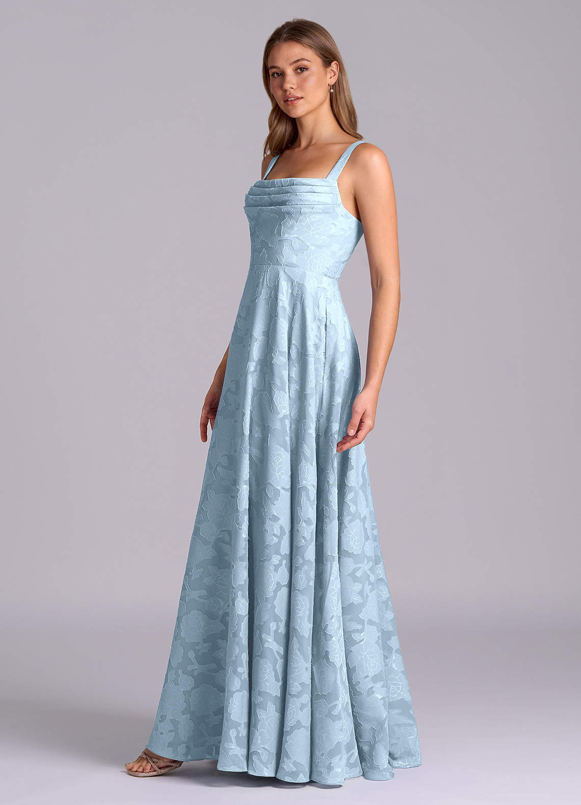 Azazie Shaude Bridesmaid Dresses Sky Blue A-Line Pleated Floral Burnout Dress image3