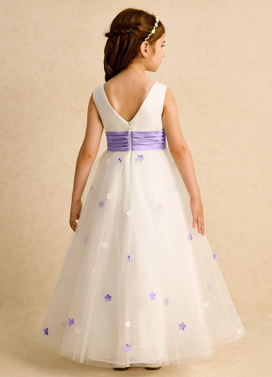 Azazie Cricket Flower Girl Dresses Ivory Lilac Ball-Gown Pleated Matte Satin Dress image1