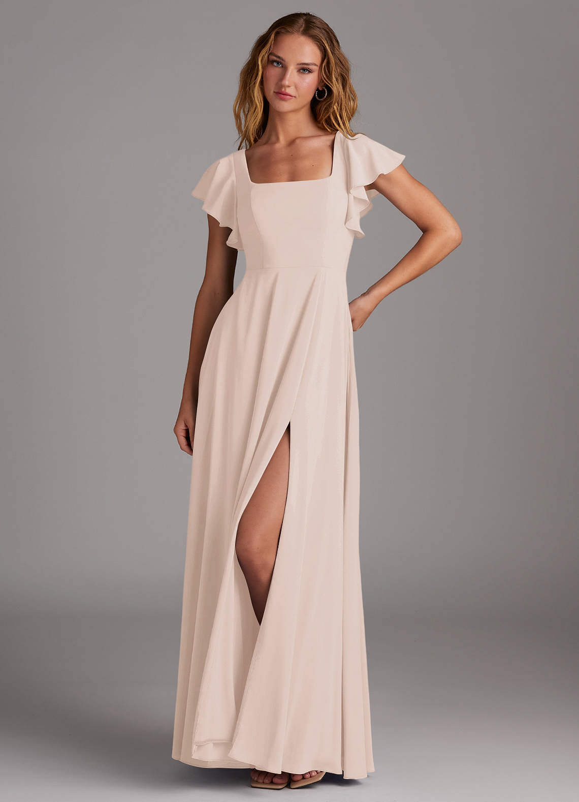 Azazie Bondi Robes de demoiselle d'honneur Robe Trapèze en Mousseline extensible Fente Latérale Rose Pâle image1