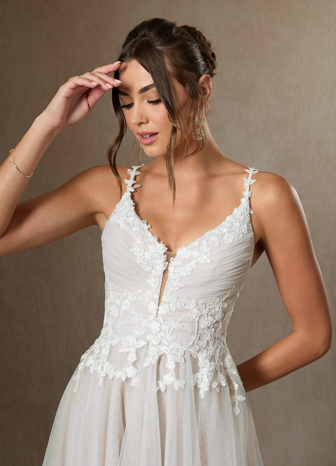 Azazie Devi At-home Try On Dresses Diamond White A-Line V-Neck Lace Tulle Dress image3