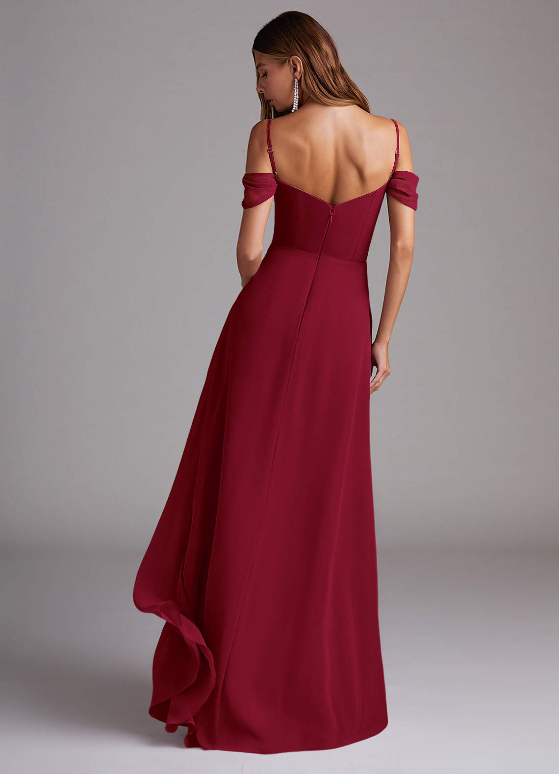 Azazie Marley At-home Try On Dresses Burgundy A-Line Off the Shoulder Chiffon Convertible Dress image6