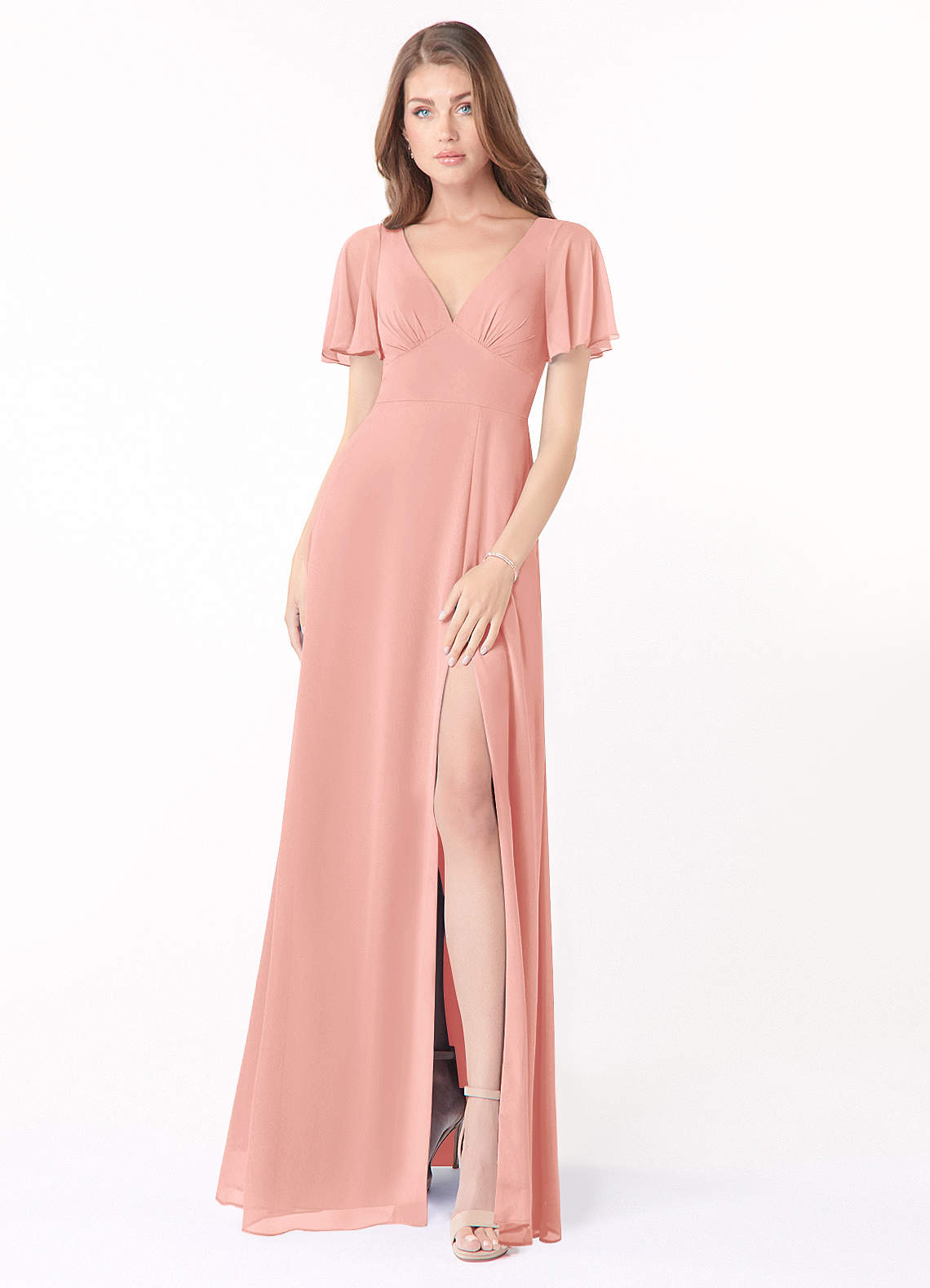 Azazie Kimber Bridesmaid Dresses Rosette A-Line Flounce Sleeve Chiffon Dress image1