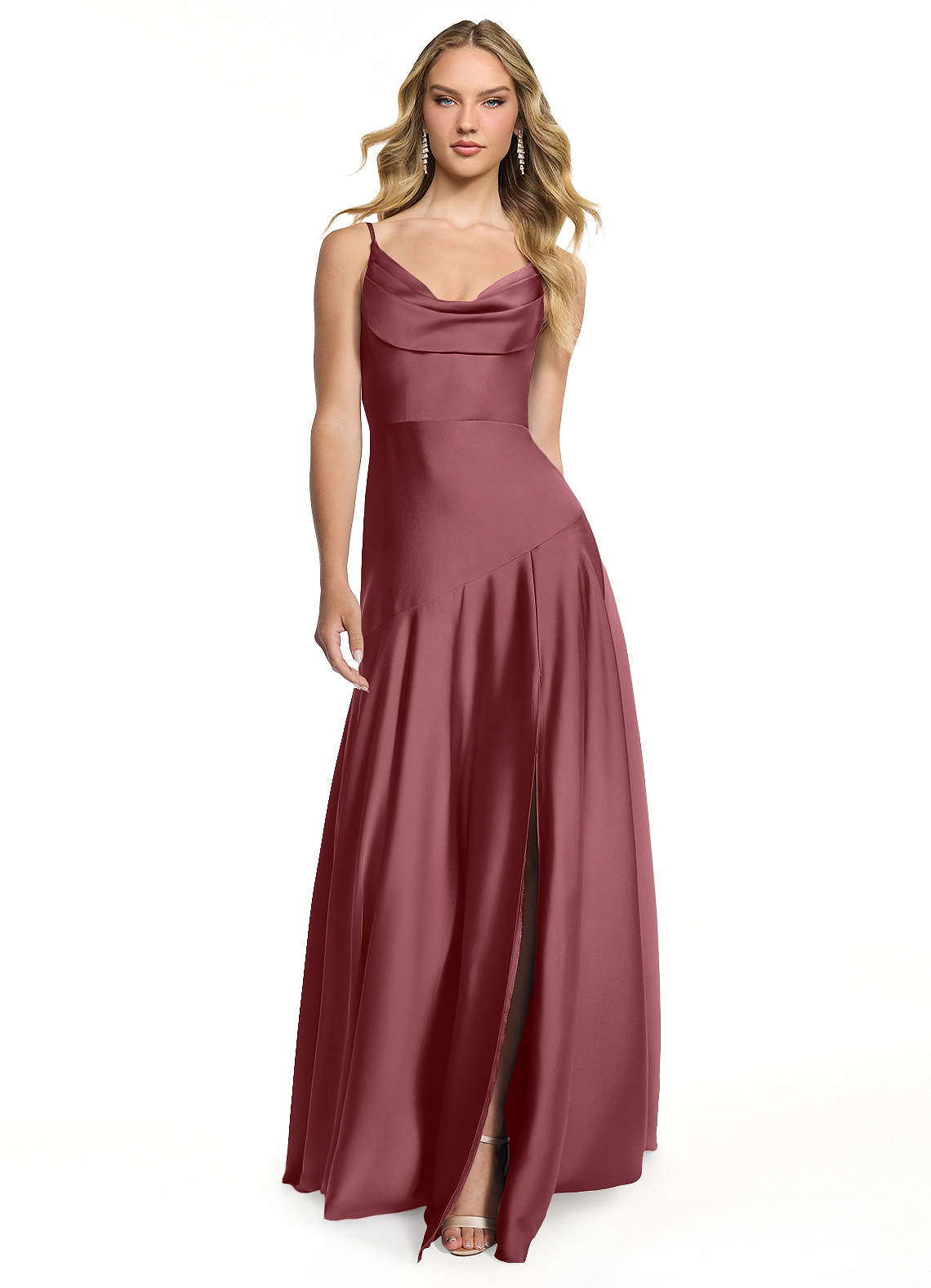 Azazie Kayla Bridesmaid Dresses Desert Rose Sheath Side Slit Stretch Satin Dress image1