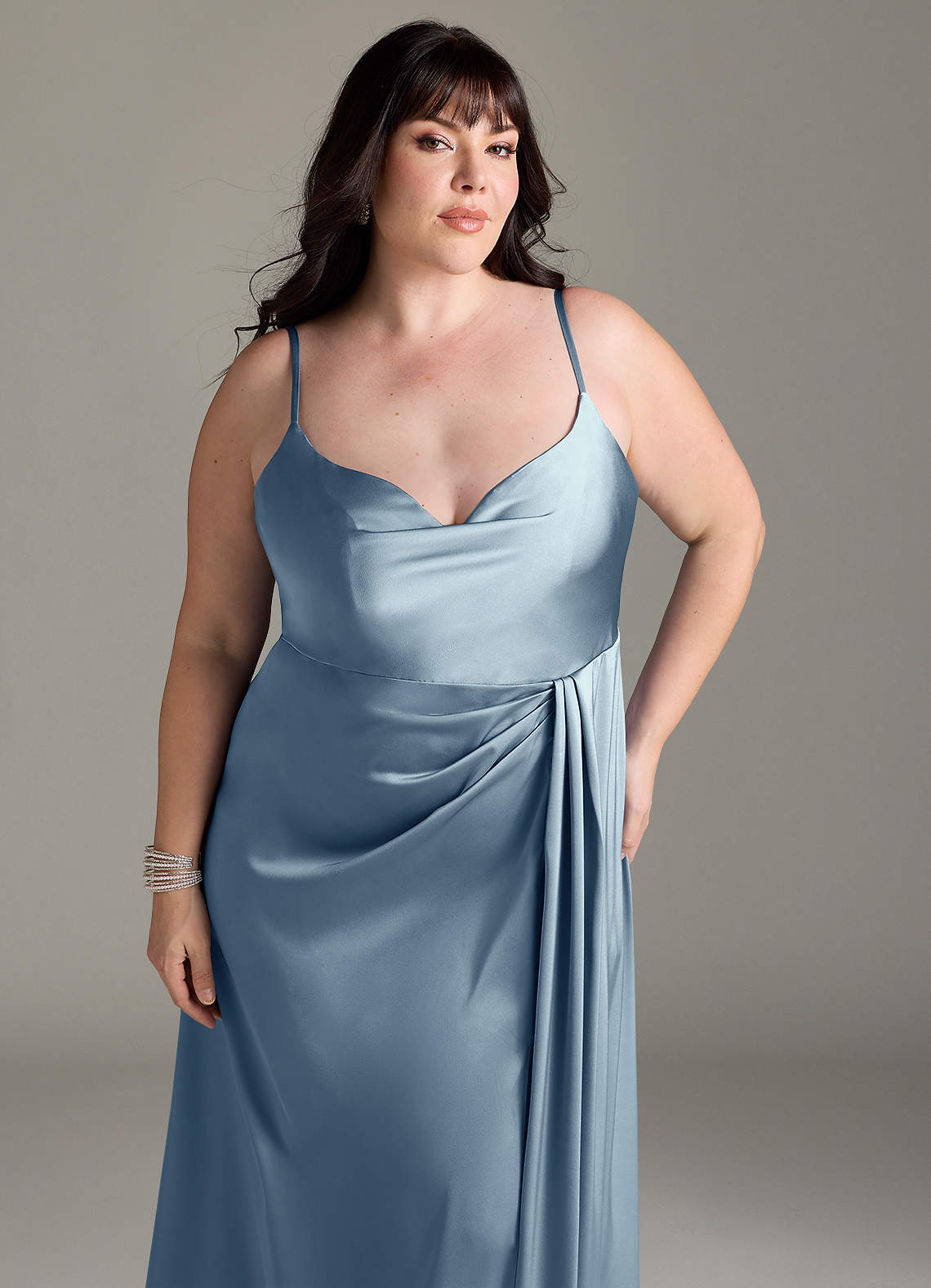 Azazie Brielle Klänningar att prova hemma Klä av A-Linje i Stretch Satin Cowl Spaghetti Remmar Matcha image10