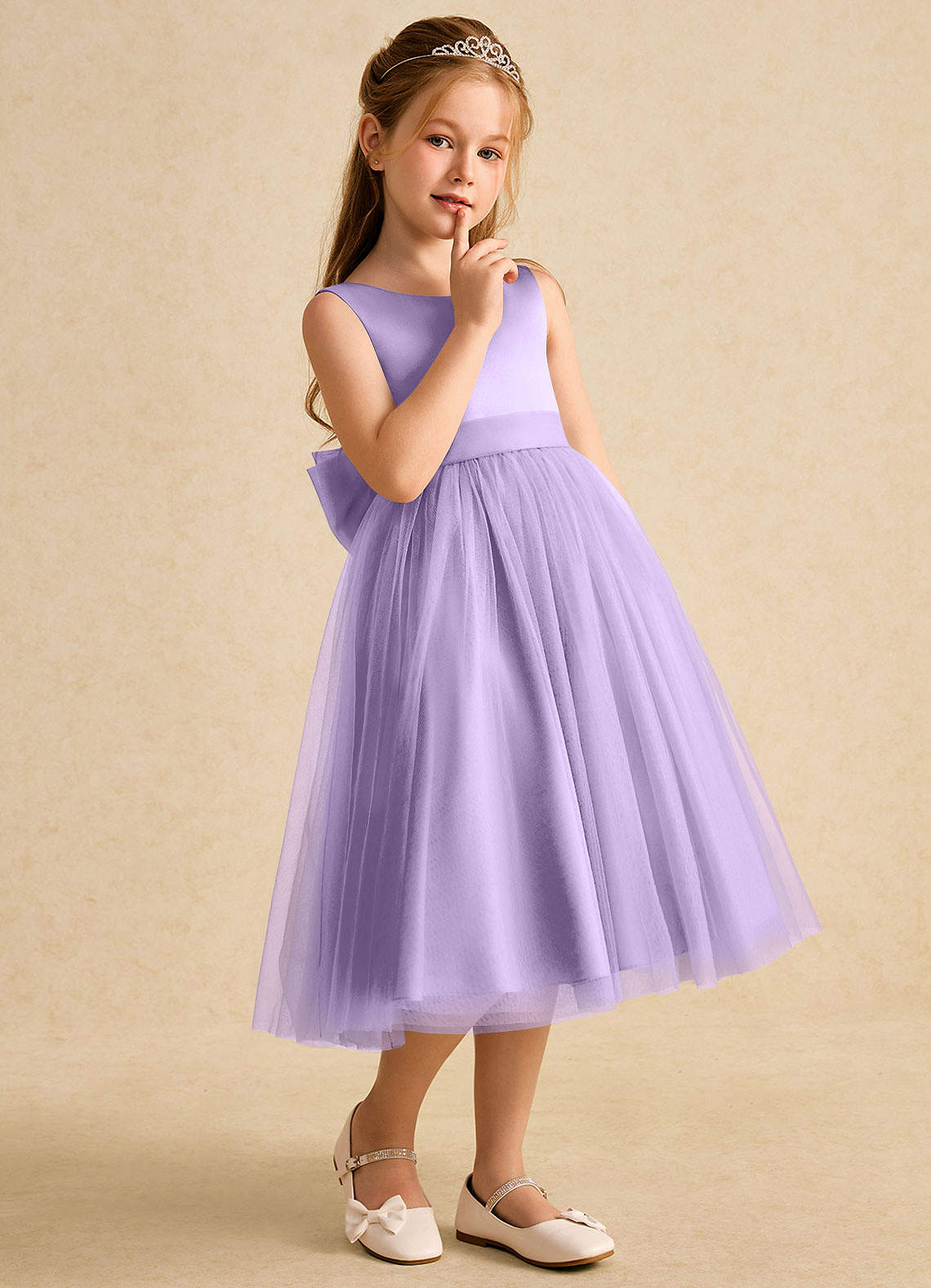 Azazie Winnie vestidos de niña de las flores Vestido de Lila de Tul de Princesa con Lazo image5
