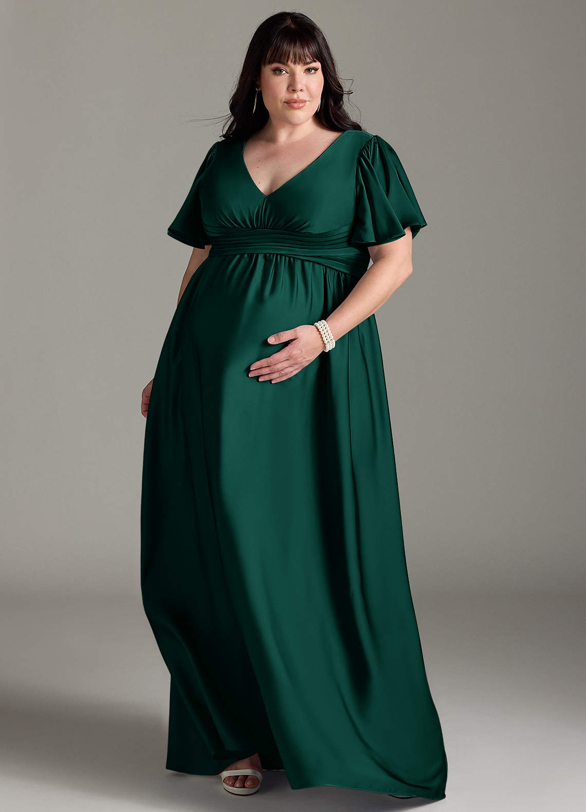 Azazie Verna Maternity Bridesmaid Dresses A-Line Ruched Stretch Satin Floor-Length Dress image8