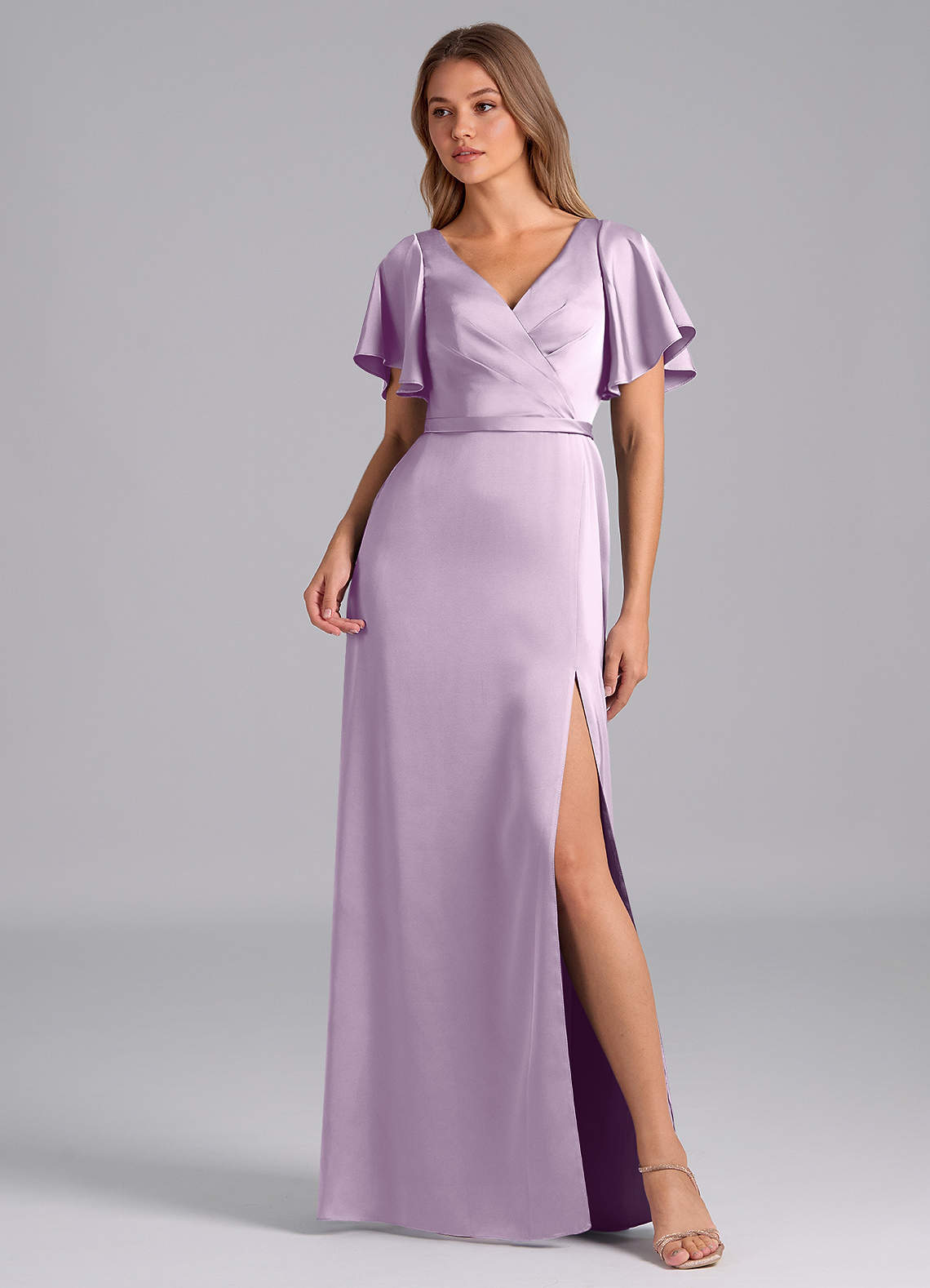 Azazie Ambrosia Bridesmaid Dresses Frosted Lilac A-Line Pleated Stretch Satin Dress image1
