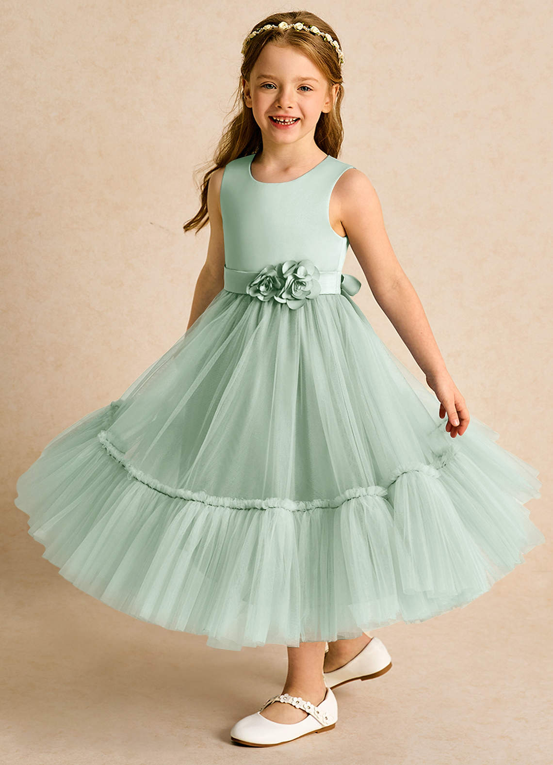 Azazie Miracle Flower Girl Dresses Agave A-Line Bow Matte Satin Dress image3