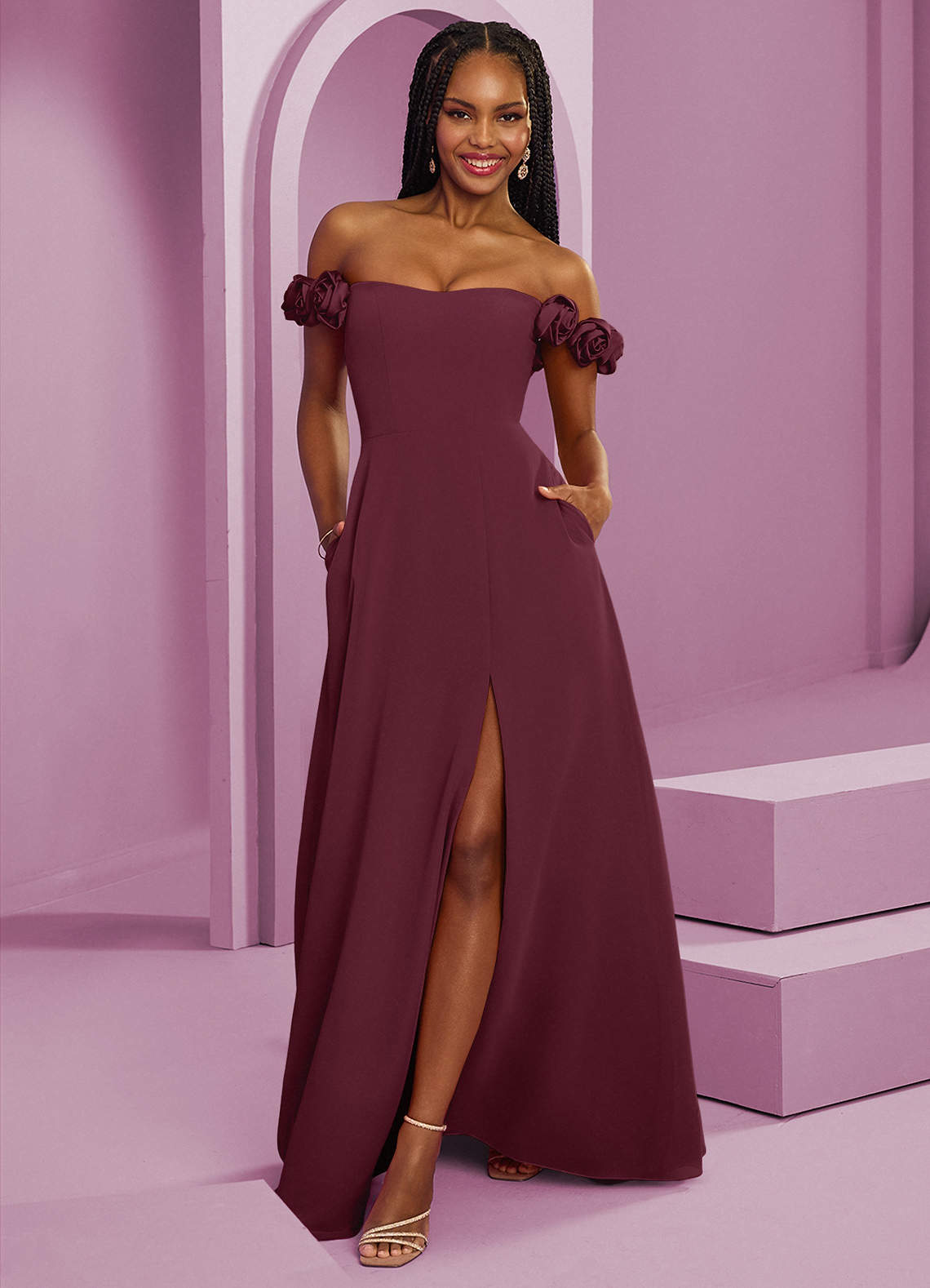 Barbie ♥ Azazie 신부 들러리 드레스 로제트 오프숄더 쉬폰 A라인 드레스 image1