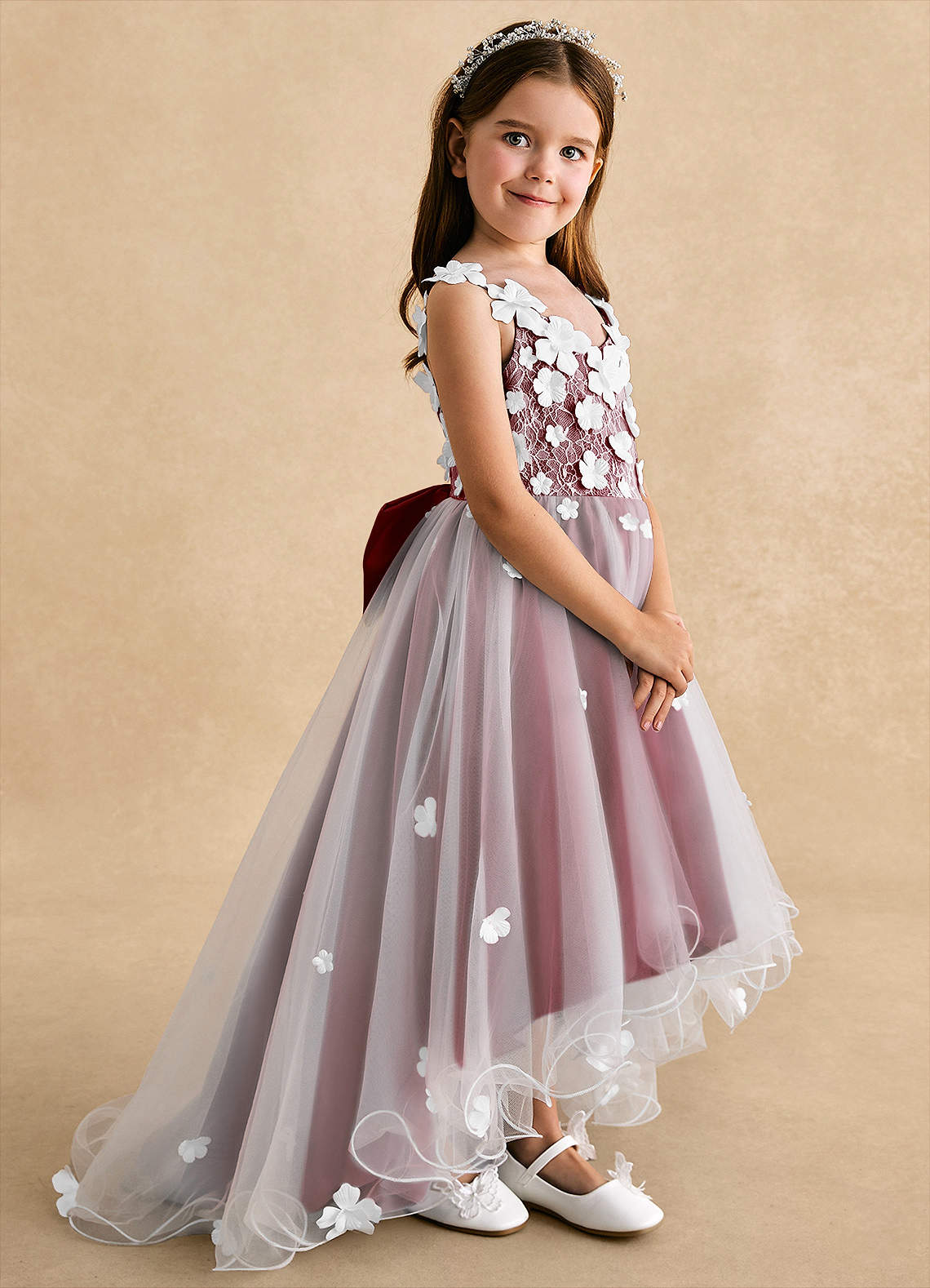 Azazie Celia Flower Girl Dresses Burgundy A-Line Lace Tulle Dress image2